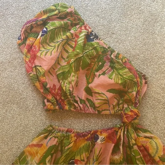 Farm Rio Macaw Leaves Linen-Blend Cutout Mini One-Shoulder Dress, sz XS - Picture 7 of 12